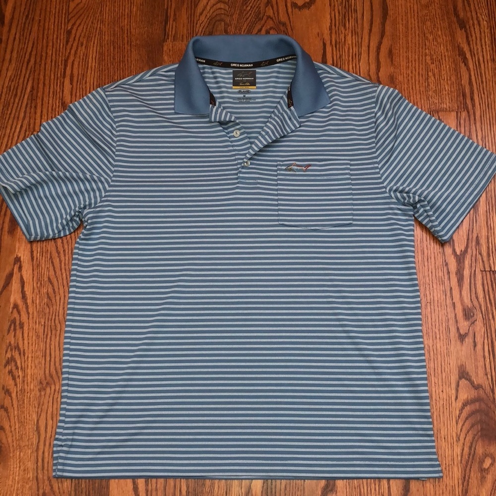 Greg Norman Tasso Elba Five Iron Mens Polo Shirt Golf XL Blue White Stripe - Picture 3 of 13